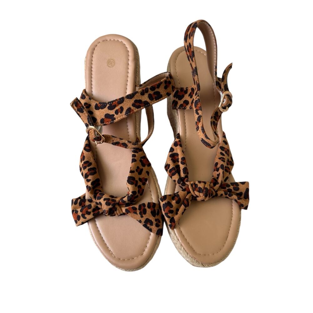 Leopard Print Wedge Sandals Women’s 8.5 Espadrille Platform Bow Strappy Shoes - Picture 2 of 10
